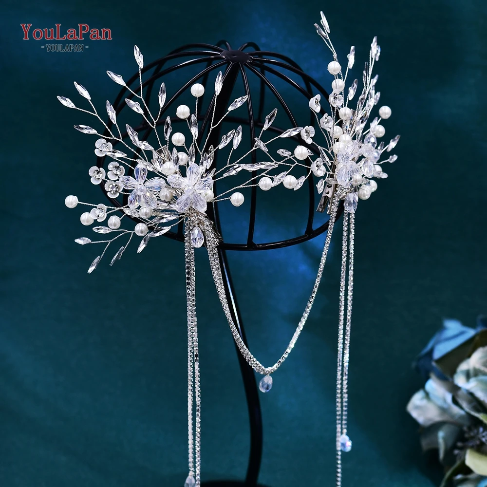 TOPQUEEN Bridal Hair Clips Tassels Bride Headpiece Wedding Women Hair Accessories Girls Metal Hair Chain Crystal Headwear HP679