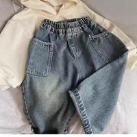 2024 Spring Autumn Kid Boys Denim Pants Side Pocket Polished White Children Boys Pants Elastic Waist Casual Baby Boys Trousers 2