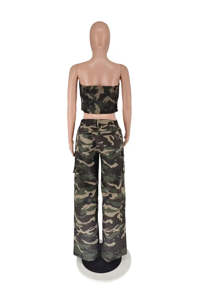 Wmstar Women Two Piece Set  Off Shoulder Camouflage Crop Top Wide Leg Pants Sets Matching Outfits Jogging Tracksuit Dropshipping