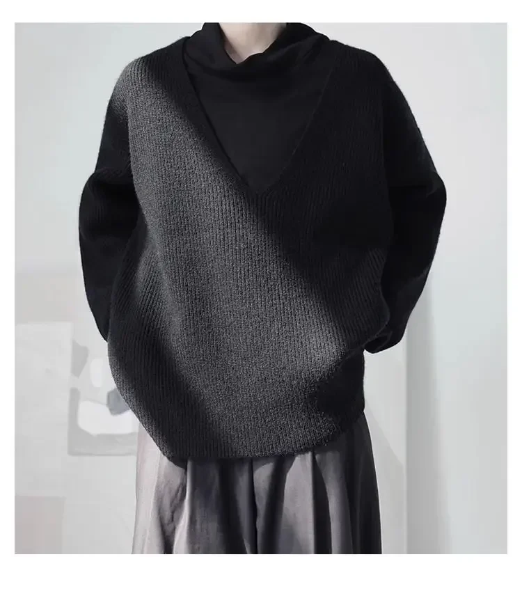 ZZ139 2024 Solid Color Simple Retro Lazy Wind Sweater Autumn and Winter Loose V-neck Versatile Trend Knitted Sweater Top 5