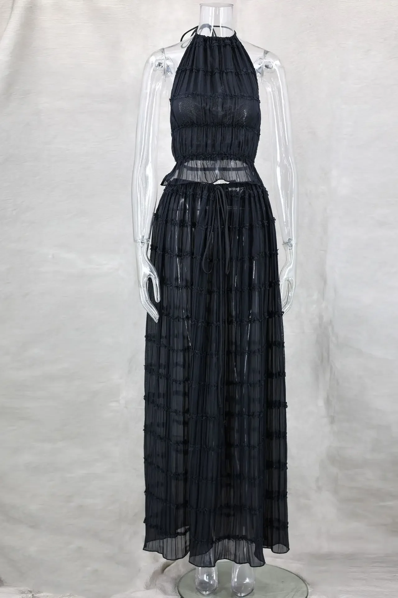 Fashion Solid Hang Neck Long Skirt Suit Women Backless Sling Top Lace Up Fold Maxi Skirts Spring Summer Female 2 Piece Set