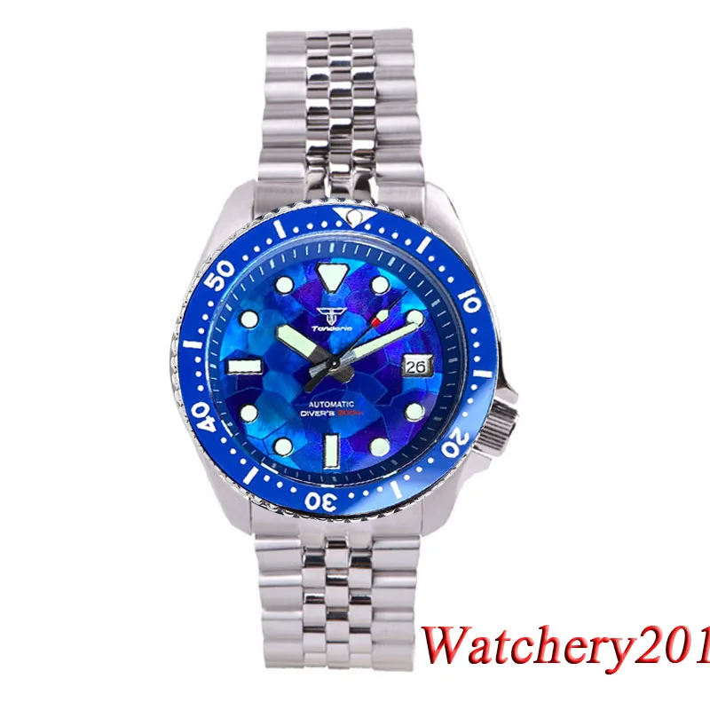 

41mm Diver Watch for Men Blue Black Mother Of Pearl Dial Sapphire Crystal Japan NH35 Automatic 200M Waterproof Date Indicator
