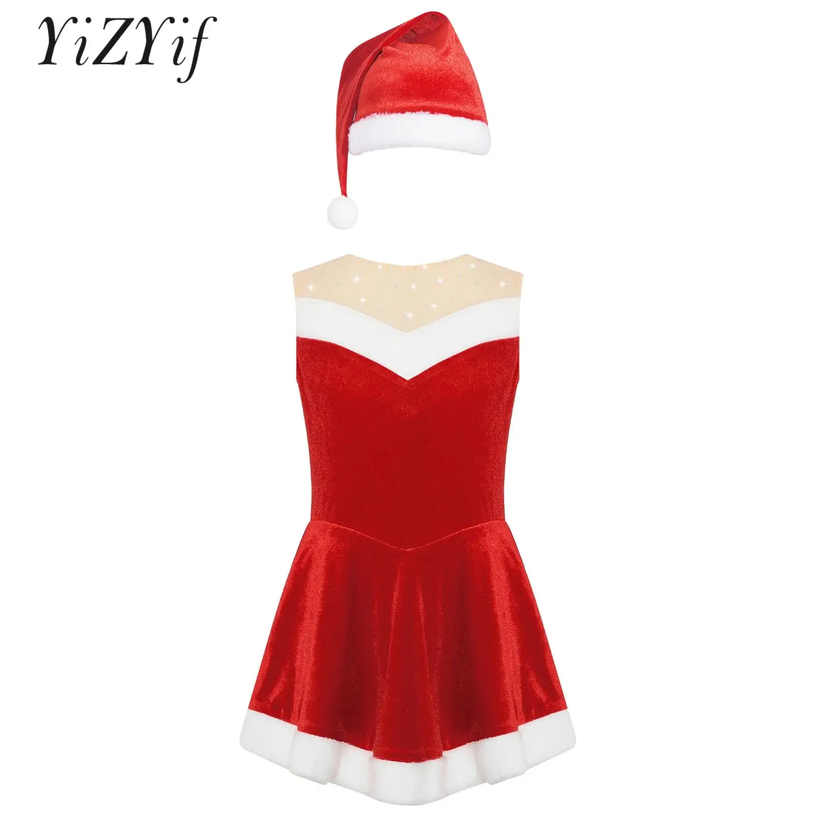 

Kids Girls Christmas Dance Dress Santa Costume Mrs Claus Cosplay Outfits Sleeveless Velvet Ballet Leotard Figure Skating Dress