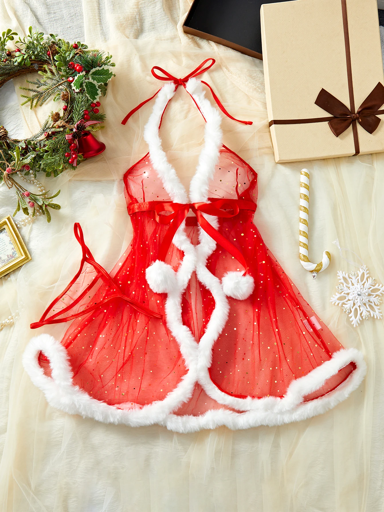 RedSexySleepwearCloak-styleNightgownAndThongSetWithPlushEdgeCuteTransparentChristmasValentine