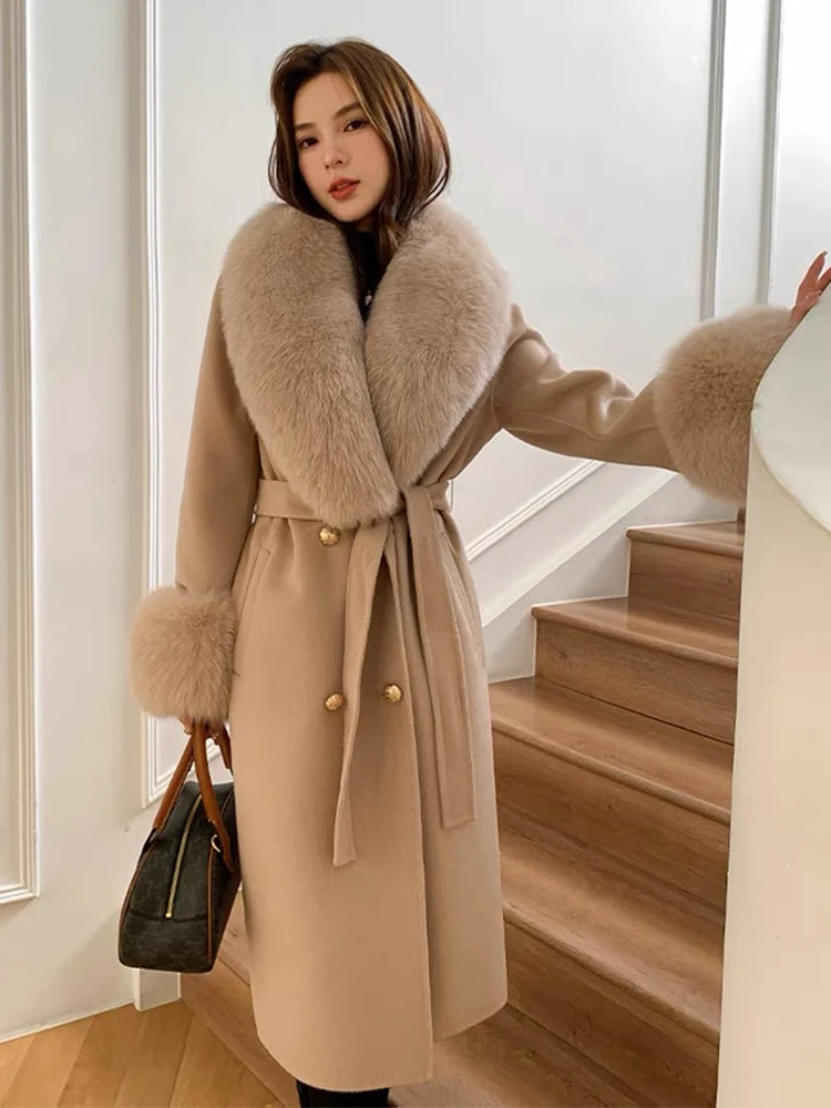 

2022 Classic Ladies Double-breasted Natural Wool Coat with Real Fox Fur Big Collar Thick Women's Winter Jacket