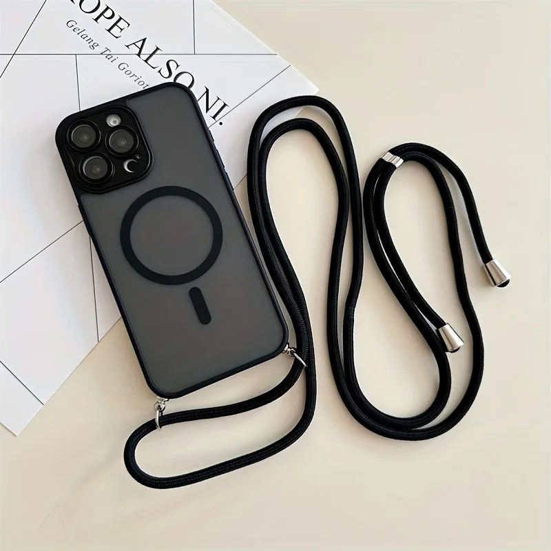 Magnetic Phone Case with Adjustable Crossbody Strap - Durable Hard Material