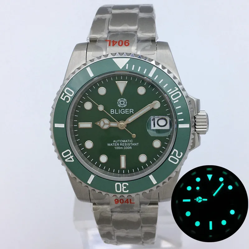 

BLIGER 40mm NH35A PT5000 Green Diving Men's watch Luminous Green dial Ceramic Bezel Sapphire Glass Date Brushed Oyster Bracelet