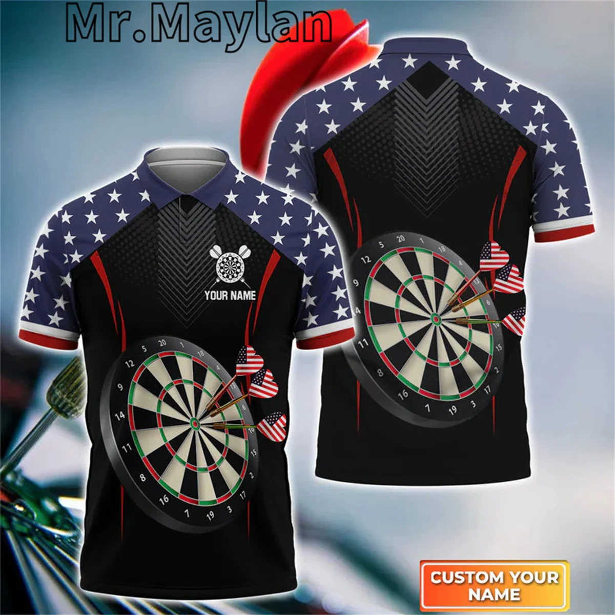 

Personalized Name USA Flag Darts 3D All Over Printed Polo Shirt Men/Women Perfect Gift for Darts Lovers Tops Summer Unisex Tee