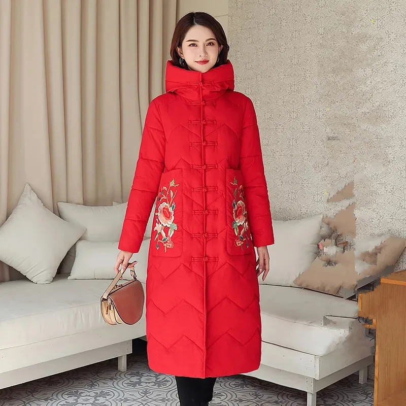 

Autumn Long Down Cotton Padded Jacket Women Winter Parkas Fashion Hooded Dial Buckle Loose Warm Overcoat Female Clothing G3076