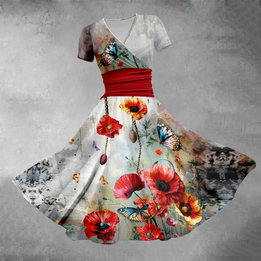 

Летнее платье 2024, стильные платья в стиле ретро с цветочным принтом, роскошное платье оверсайз Y2K с V-образным вырезом, женское платье, элегантные шикарные платья для девушек