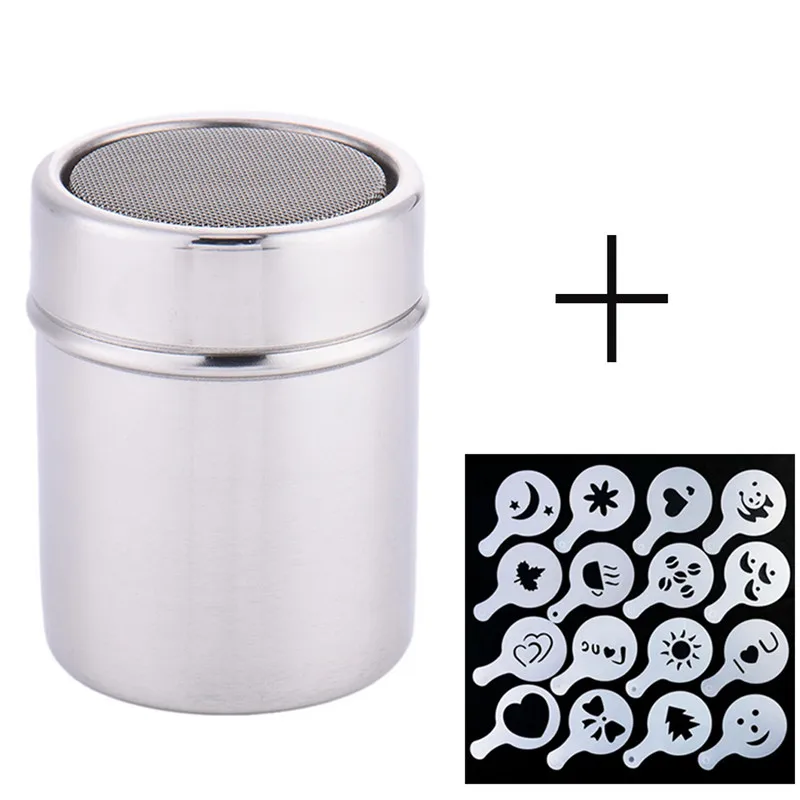 Coffee Shaker Stainless Steel Chocolate Shaker + 16Pcs Coffee Stencils Template