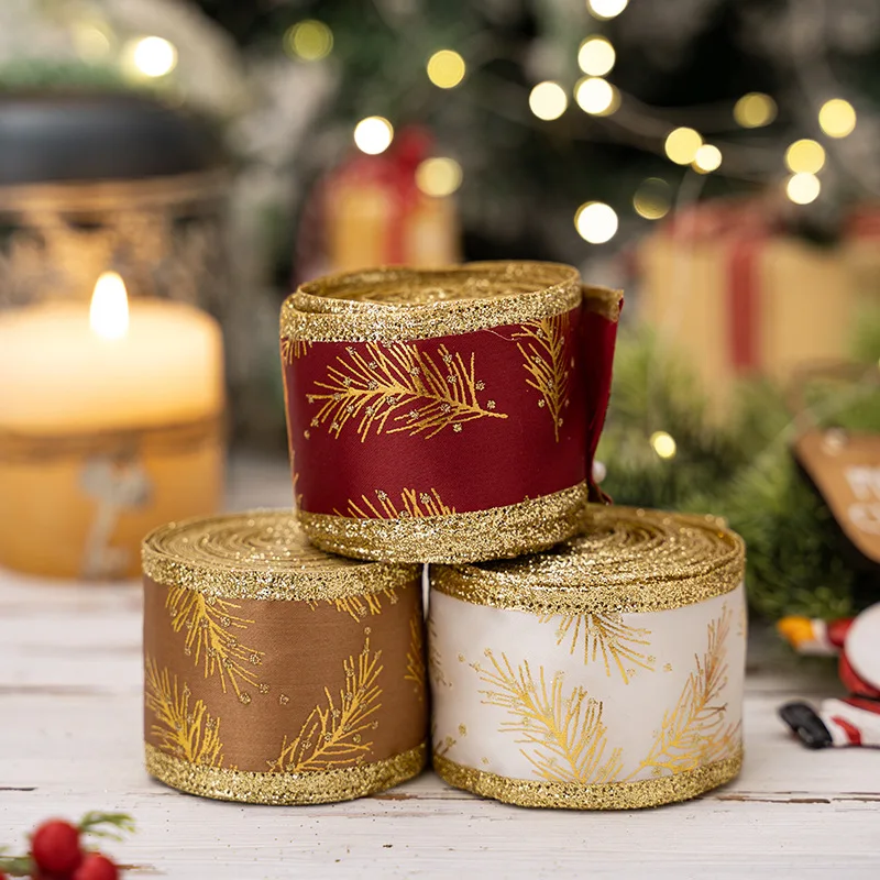 Webbing Ribbon 5M Christmas Ribbon Iron Wire Glitter Gold Leaf Printed