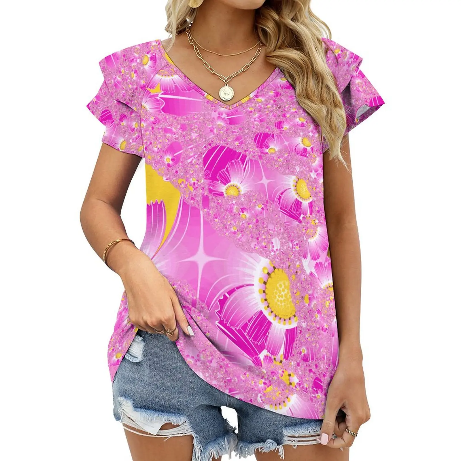 

Woman V-neck T-shirt Printed Flower Fashion Casual Tunic Blouse