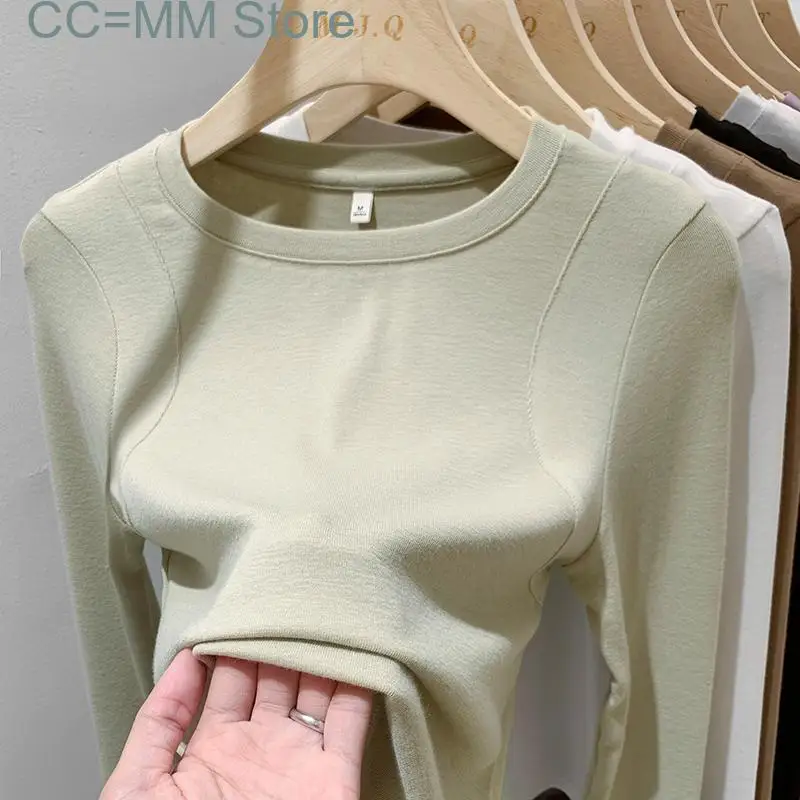 Кроп-футболка женская с круглым вырезом, модная однотонная шикарная рубашка в Корейском стиле, облегающий Повседневный Топ с длинным рукавом, Осень-зима