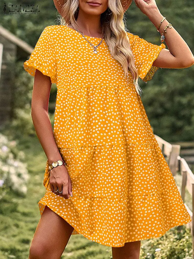 

ZANZEA Women Floral Print Mini Dress Kaftan Summer Short Sleeve Ruffled Sundress Casual Loose Pleated Party Robe 2023 Oversized