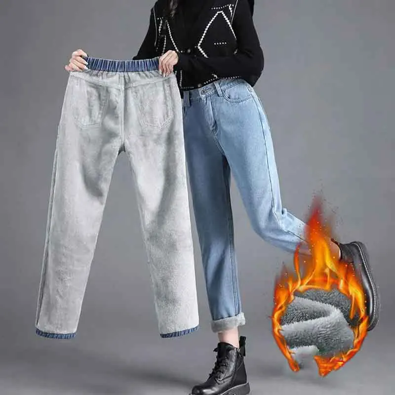 

Winter Thicken Warm Jeans Women Korean High Waist Plus Velvet Denim Ankle Length Trousers Fashion Straight Fleece Casual Jeans