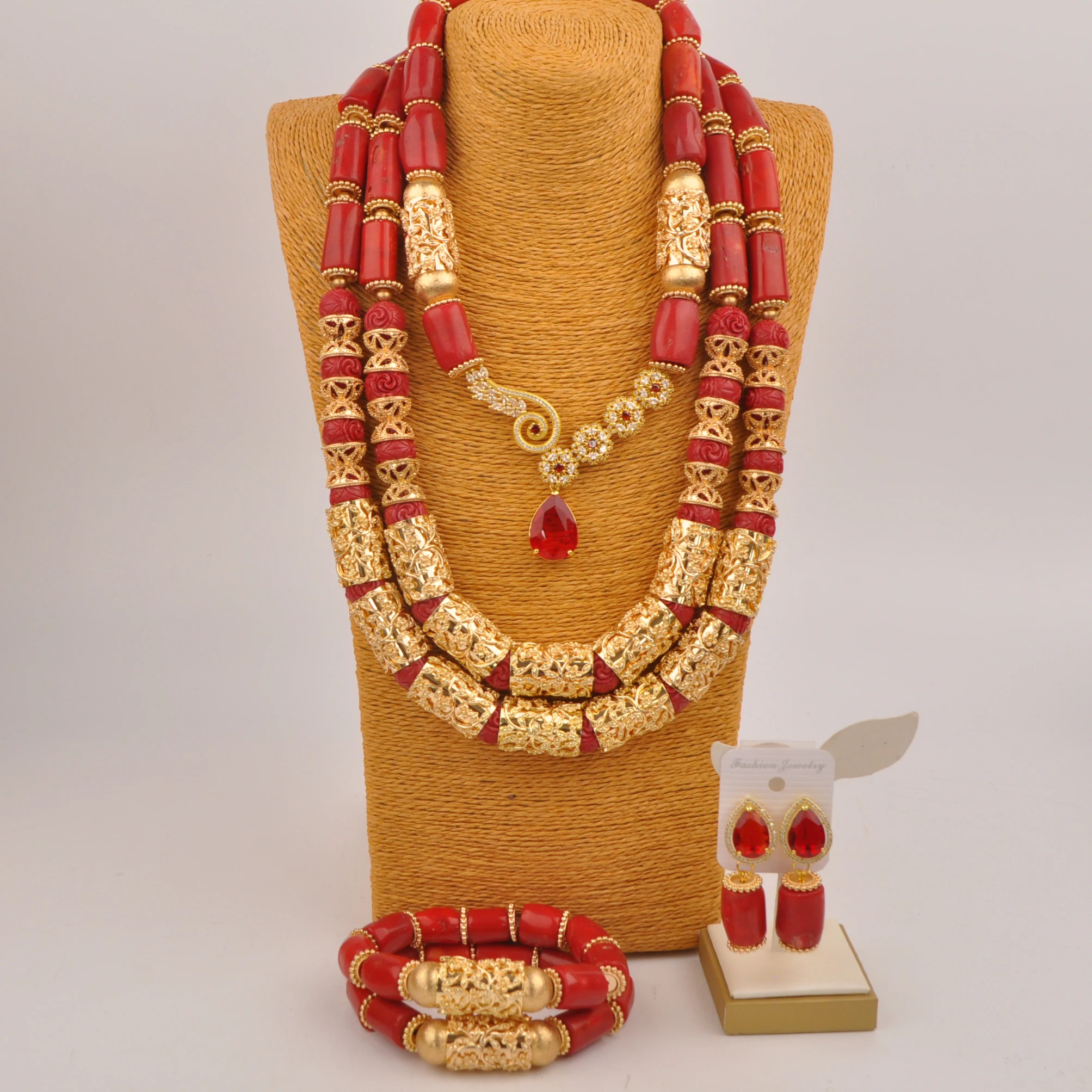 

Red Nigerian Wedding Coral Bead Necklace Dubai Gold African Jewelry Set