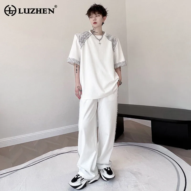 

LUZHEN Summer Trendy Spliced Design Short Sleeve T-shirt Two-piece Sets Original New Casual Fashion Street Straight Pants LZ2041