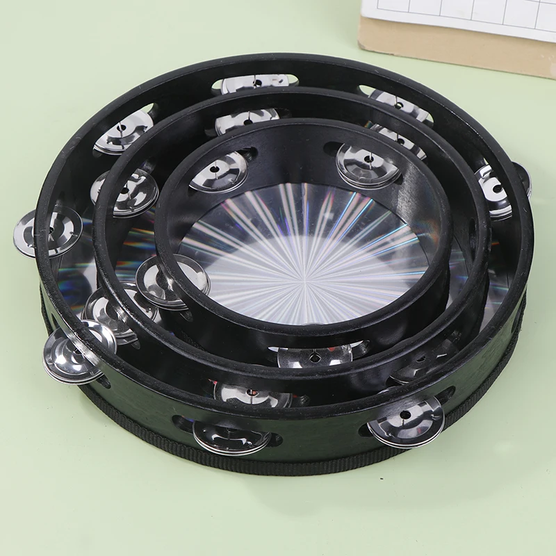 6 8 10 Inch Wooden Radiant Tambourine Handbell Hand Drum With Row Jingles Reflective Drum Head Musical Percussion Instrument