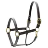 Horse turnout halter for outdoor use soft leather material black color triple-stitched durability and throat snap with adjustab
