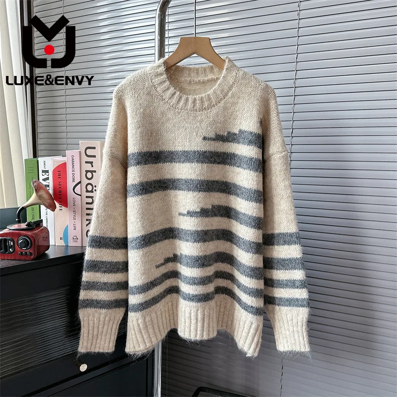 

LUXE&ENVY Korean Contrast Stripe Round Neck Sweater Pullover Women's Outwear Loose Slim Slouchy Knitted Shirt Top 2023 Winter