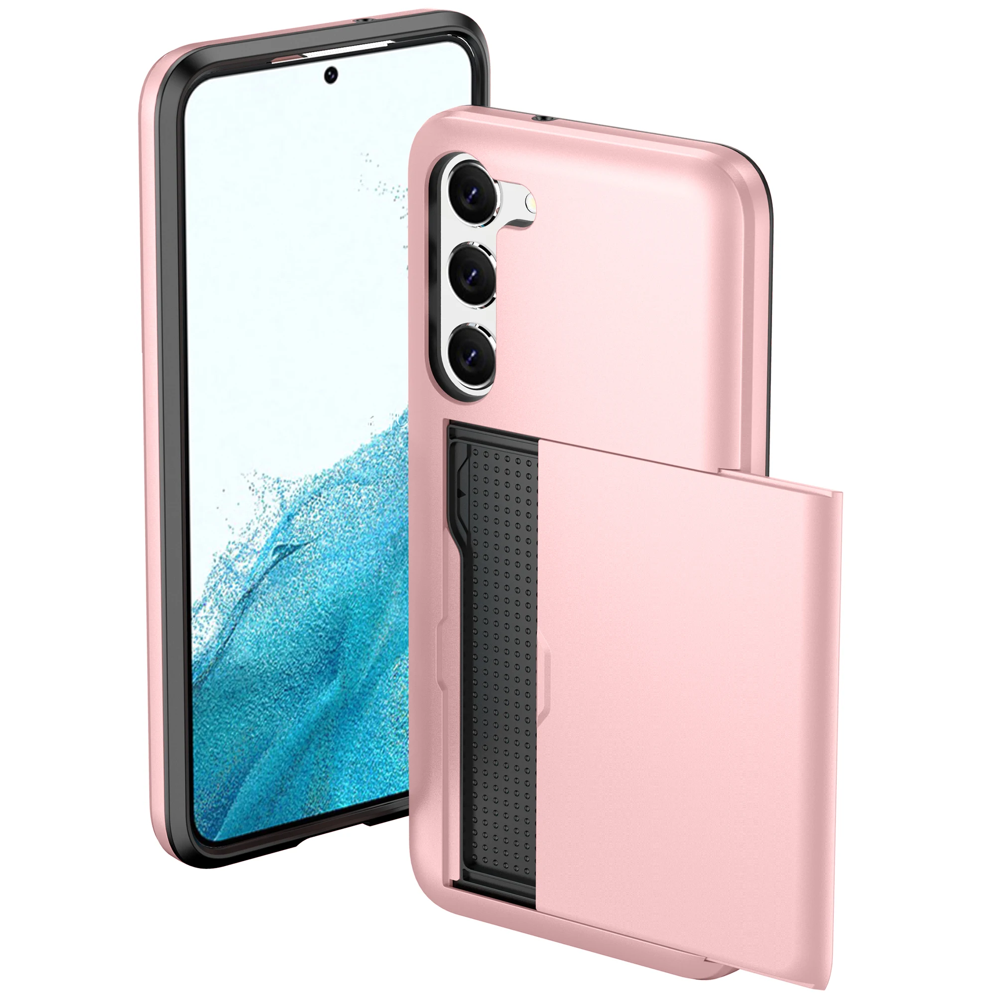 Solid Color Card Holder Slide Slot Hard PC Heavy Duty Protective Phone Case