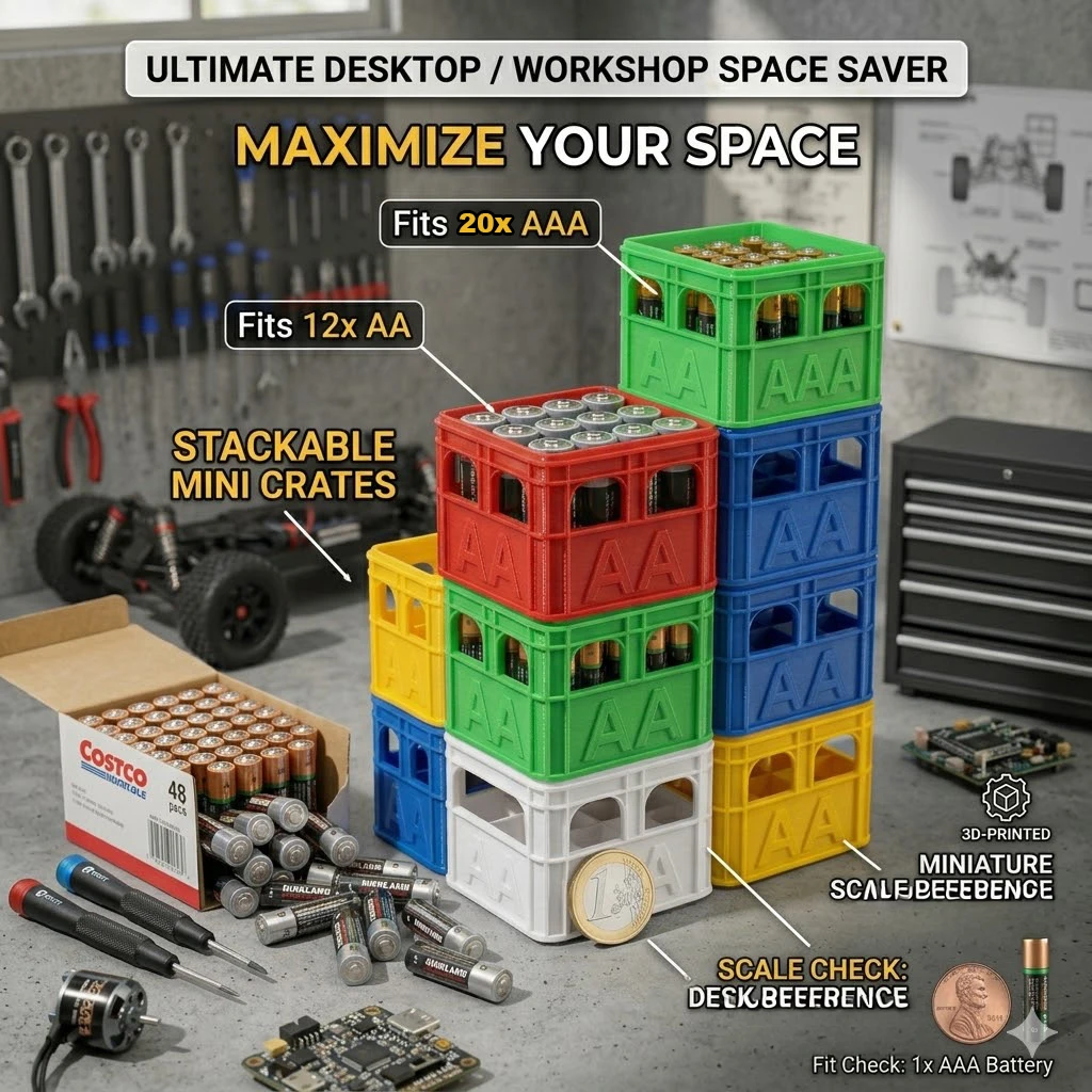 Stackable 3D-Printed Mini Crate Battery Organizer