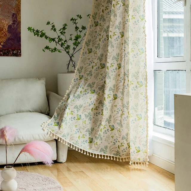 Cortinas de ventana con estampado de hojas bohemias con borlas, algodón,  patrón botánico, cortina semiopaca, cortina para dormitorio, sala de estar  - AliExpress