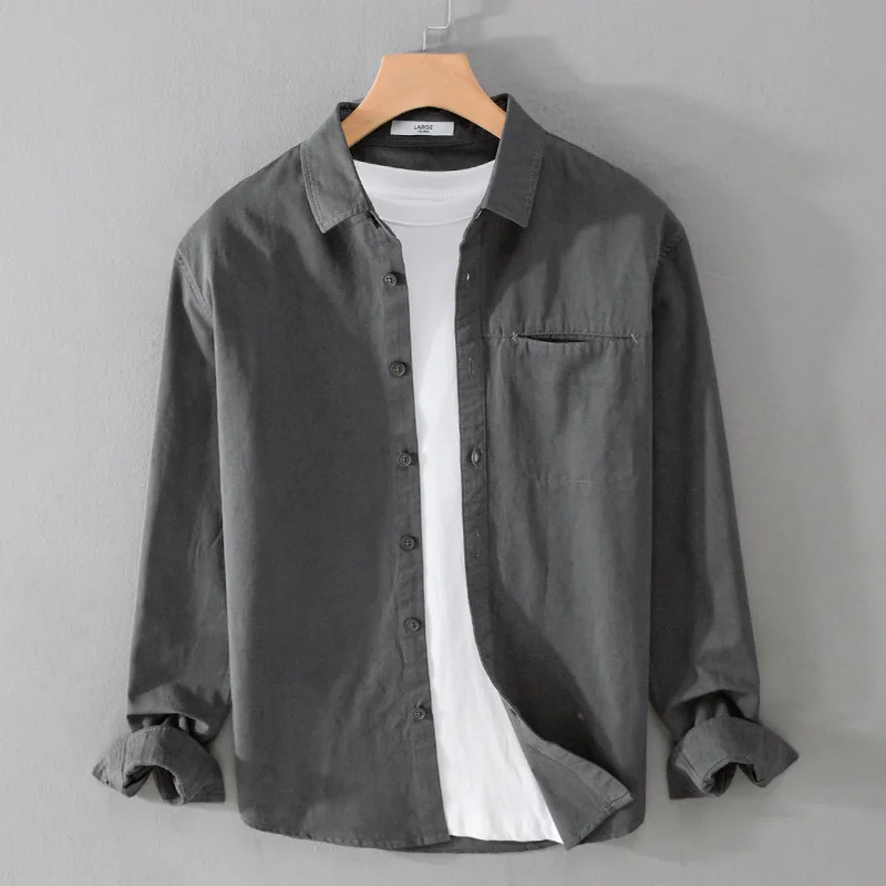 Spring and Autumn Long-sleeved Simple Tooling All-match Popular Comfortable Loose Solid Color Men's Shirt