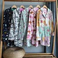 Cartoon Women's 100% Cotton Long Sleeve Nightdress Four Seasons Cardigan Home Night Wear Dress Long Sleeve Skirts Sleepwear - Image 3