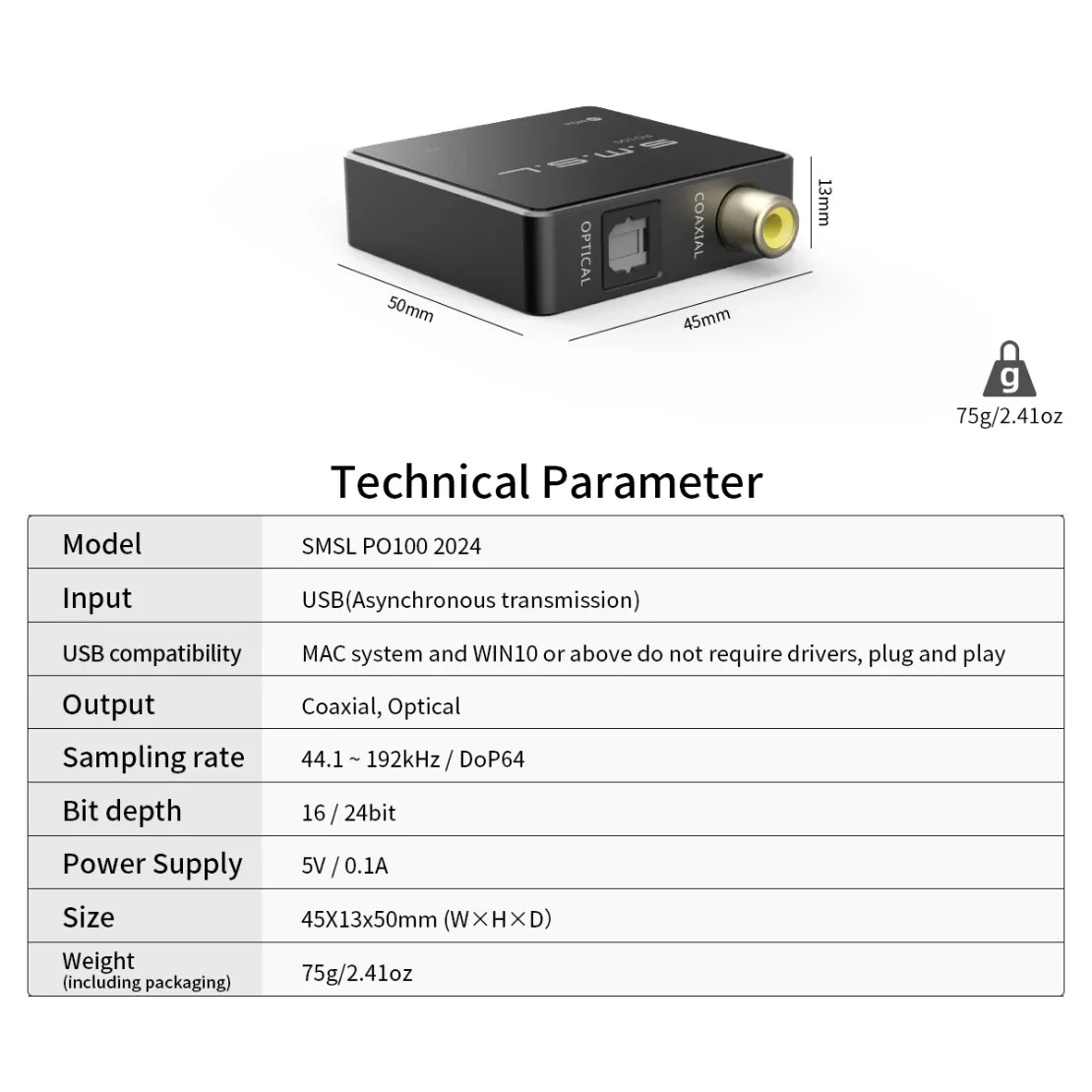 SMSL PO100 USB Digital Interface DSD DOP64 XMOS XU316 TYPE-C Input OPT/COAX Output audio interface sound card