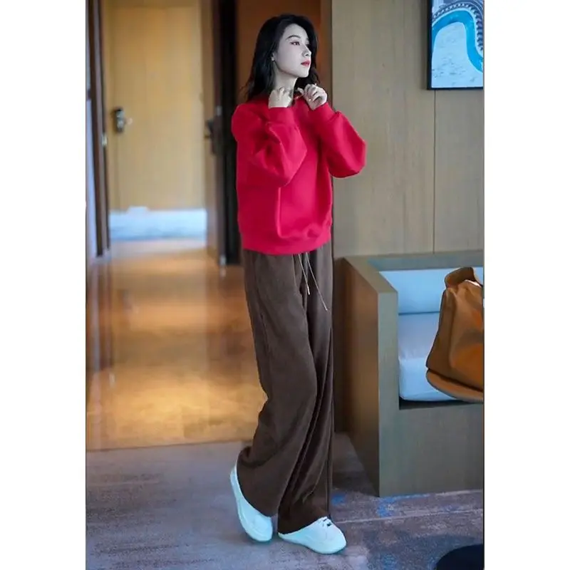 Leisure Sportswear Outfits 2023 Spring Autumn Red Round Neck Sweater High Waist Straight Leg Wide Leg Pants Two Piece Set