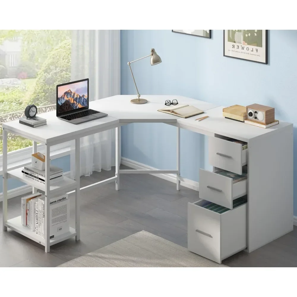 White L Shaped Corner Desk with Drawers, Reversible Modern L-Shaped  Computer Desk with Storage Cabinet Shelves, Large Wood L - AliExpress, image size:1000x1000