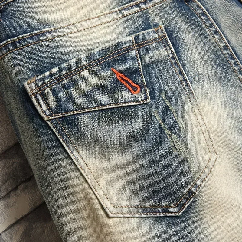Denim Shorts Summer Jeans Shorts Summer Men's Stretch Denim Shorts Retro High Street Style Old Slim Fit Short Jeans Splicing Design 98% Cotton