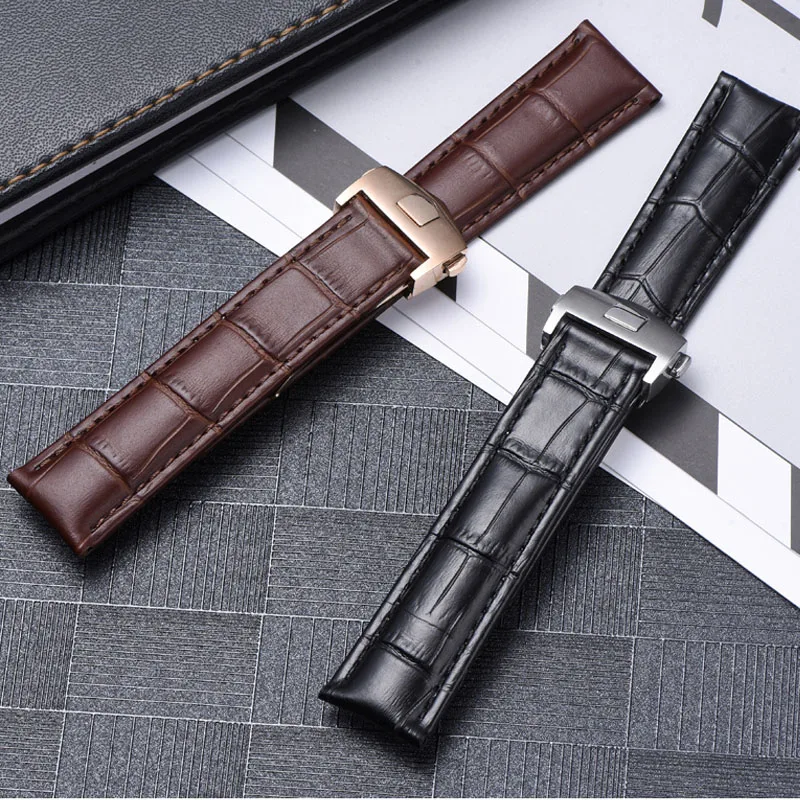 Elegant Genuine Leather Watch Strap - Black/Brown, 19mm-22mm