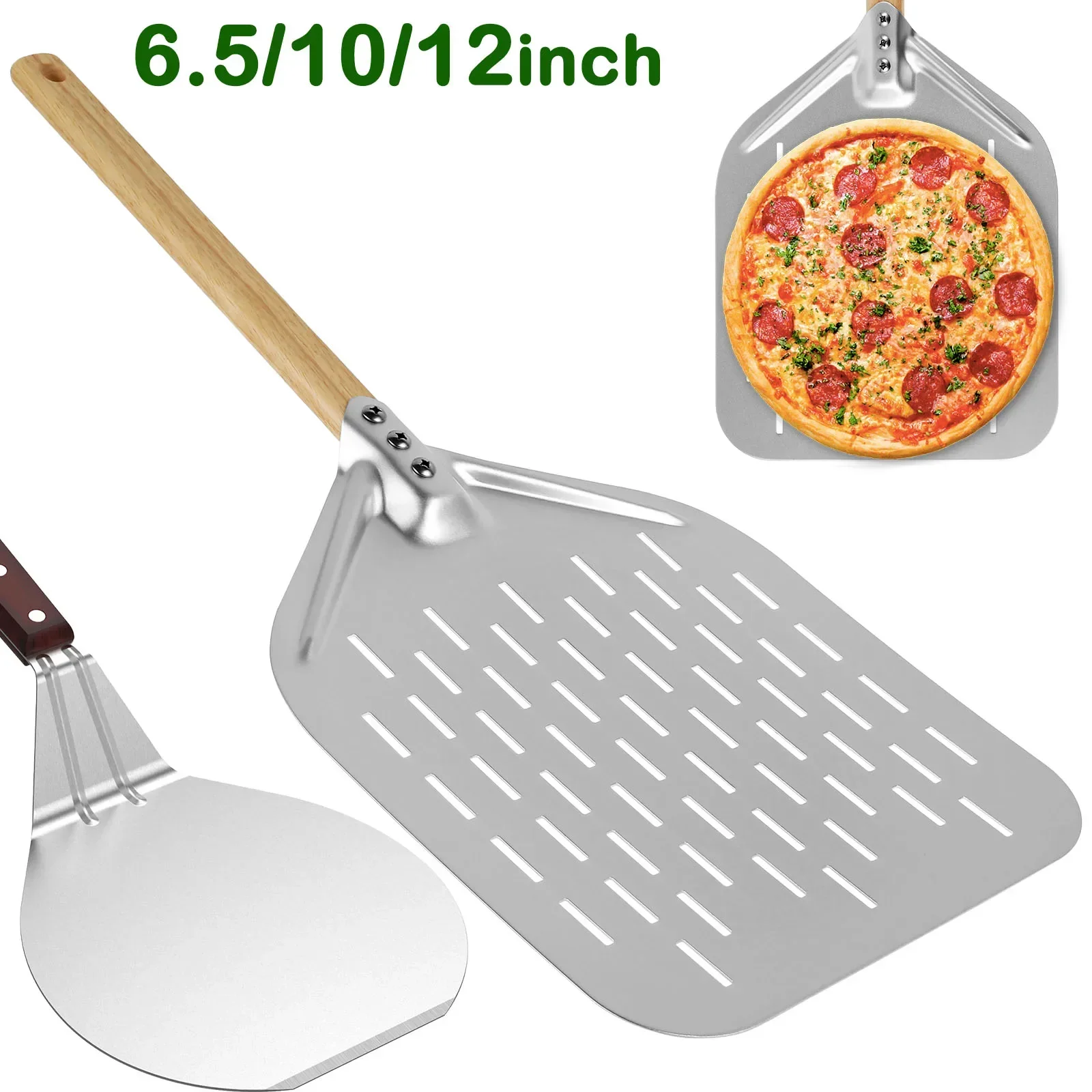 Pizza Peel Pizza Shovel Metal Non-Stick Pizza Peel with Wood Handle Cake Lifter Transfer Tray for Homemade Baking Bread 6.5/10/12inch
