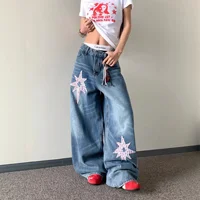American Design Star Embroidery High Waist Loose Wide Leg Jeans Women Summer Washed Knife Edge Denim Pants Trendy Straight Fit