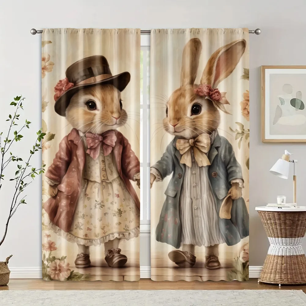 2pcs, Popular Curtain Panels 2D print Two rabbits holding hands Machine Washable Fabric (without rod) Thermal Insulation, and 2