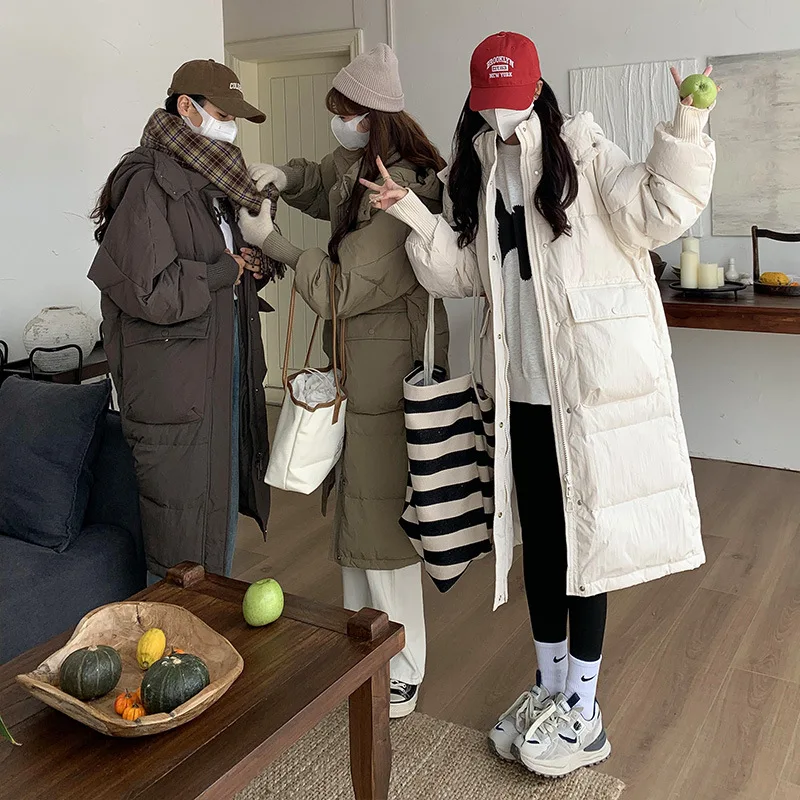 

Russian Korean Version Of Big Pocket Down Padded Jacket Women's Mid-length Over The Knee Loose Thick Fashion Hooded Padded Coat