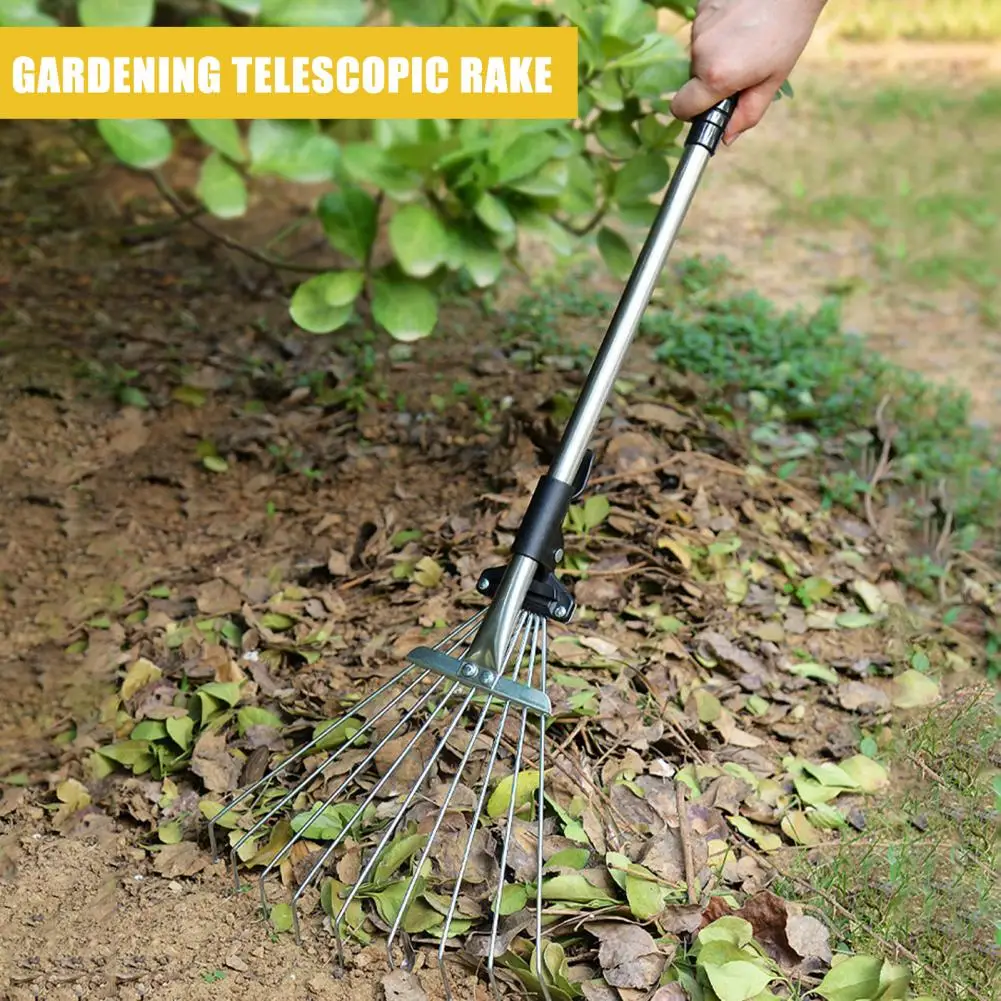 Rastrillo de hojas de jardín con mango de acero largo ajustable de 60  pulgadas, 11 dientes de metal de 8.8 pulgadas de ancho rastrillo de jardín  para