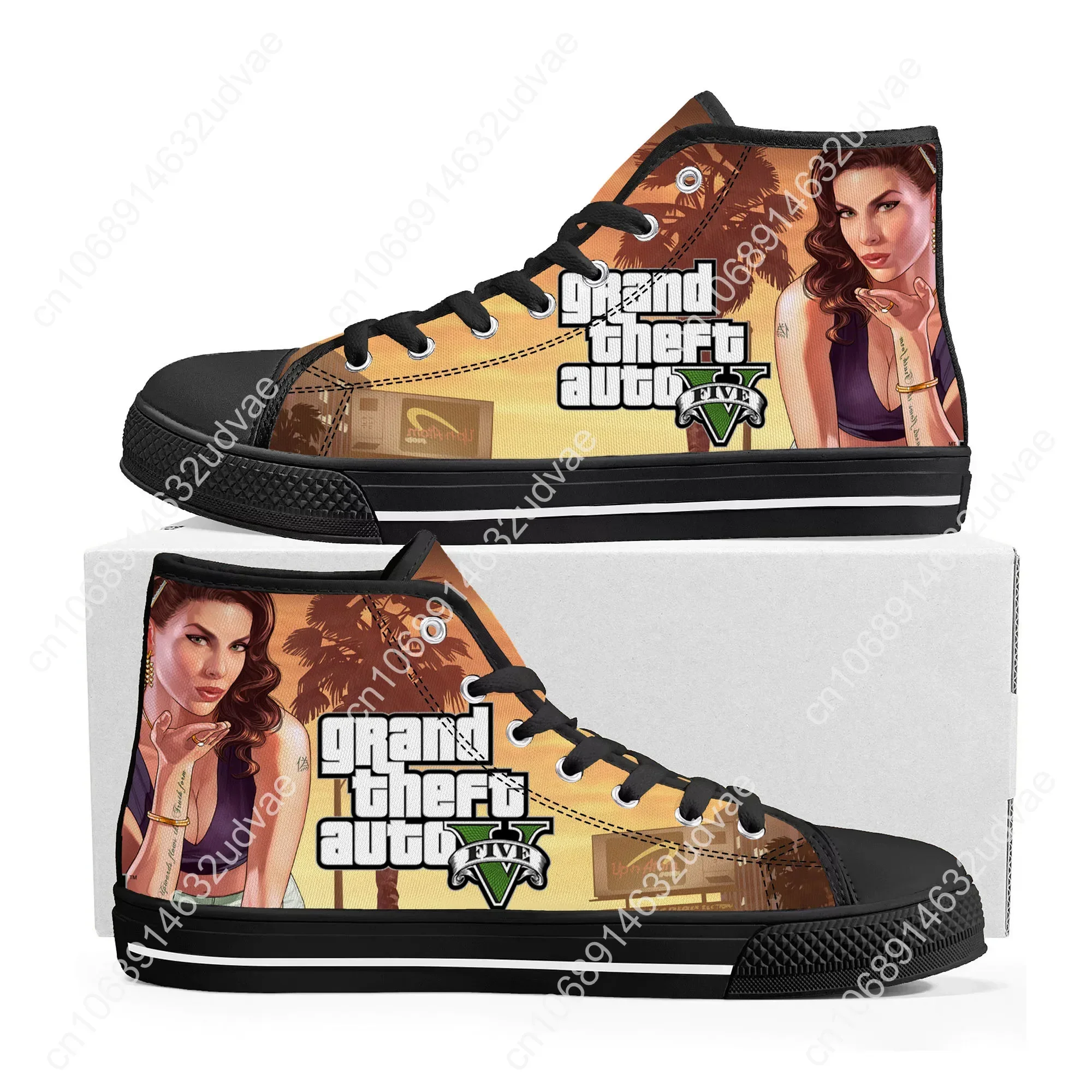 Anime Cartoon Grand Theft Auto GTA V 5 High Top Sneakers Mens Womens Teenager Canvas Sneaker Casual Couple Shoes Custom Shoe