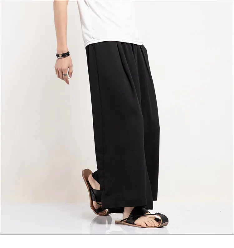 Sommer Eisseide Weite Hosen für Herren Schwarz Weiß Harajuku Streetwear Cropped Hosen Männliche Chinesische Stil HanFu Kongfu Rock-Hosen – Detail 23