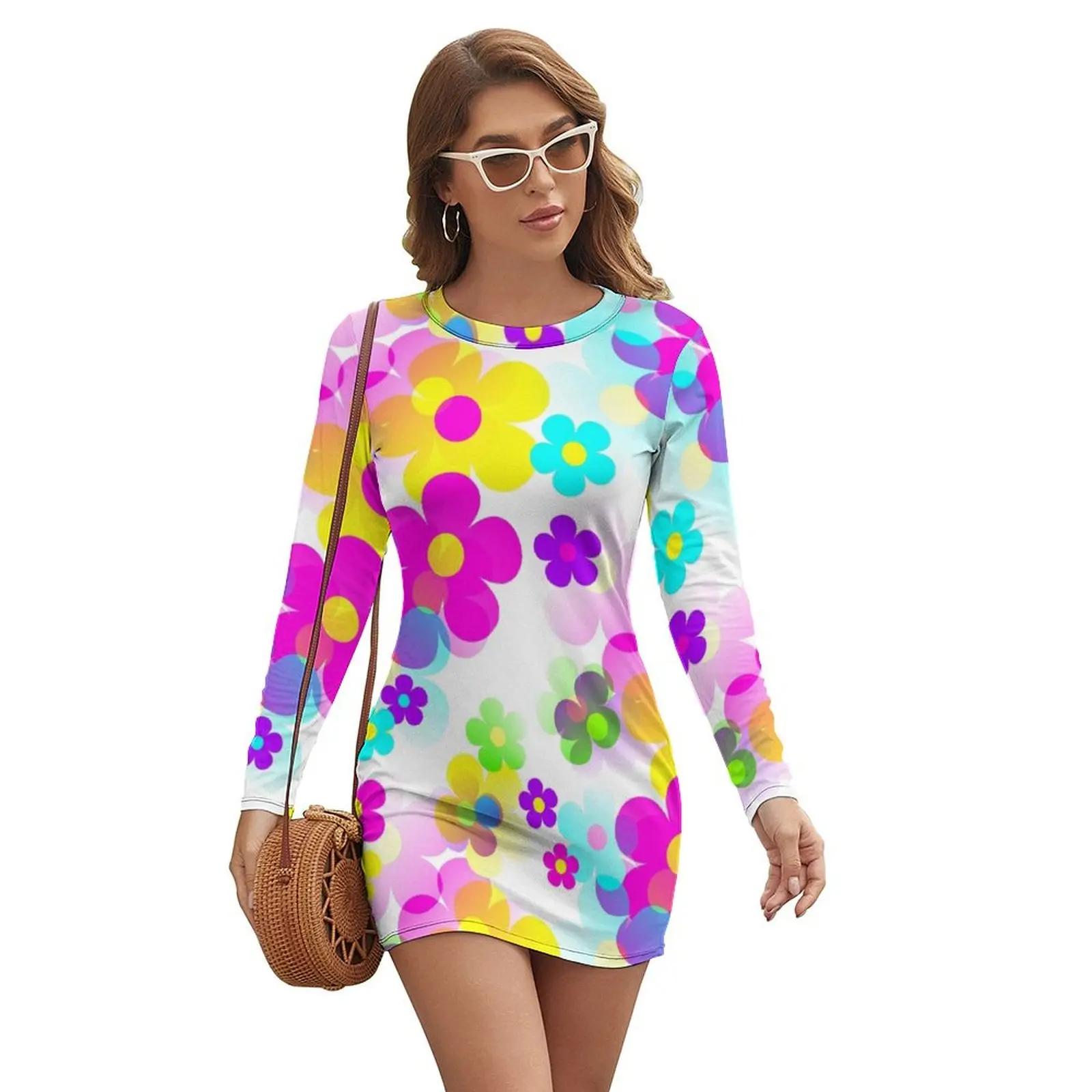 

60's Retro Mod Small Flowers Multicolor Pop Art Long-sleeved Dress dresses summer woman 2024 dresses for women