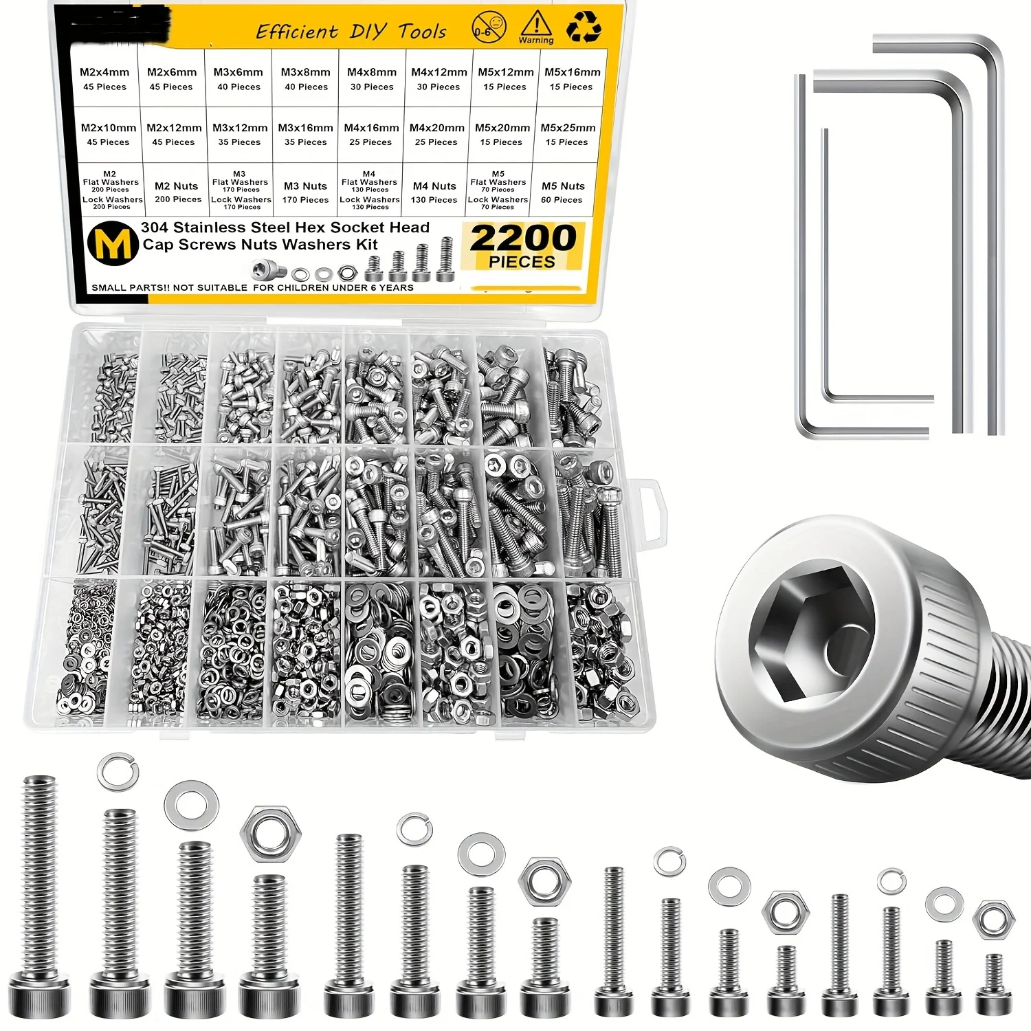 2200Pcs M2 M3 M4 M5 Metric Screw Assortment Kit, 304 Stainless Steel Hex Bolts, DIY Metric Bolts & Nuts & Spring Flat Washers