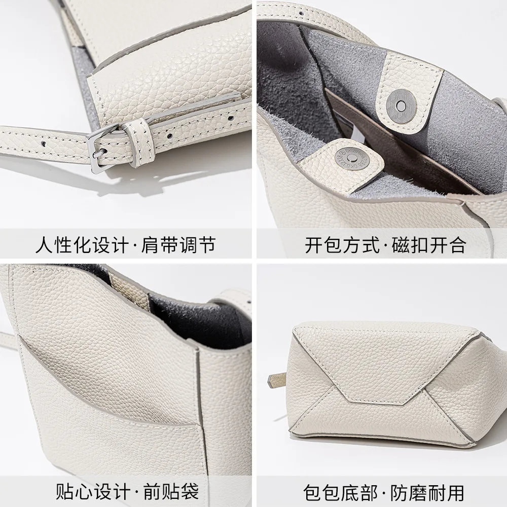 Women's Korean Bucket Shoulder Bag Style Y2k 2024 Early Spring New Texture Genuine Leather Top Layer Cowhide Versatile Simple