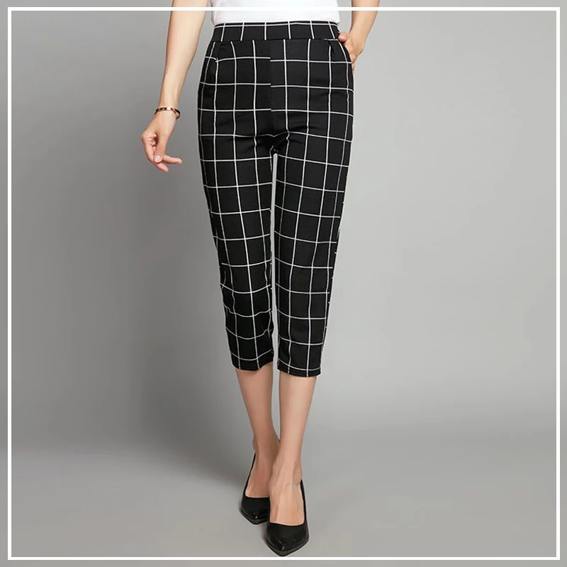 2024 Summer Seven Points Appear Thin Elastic Force Leisure Comfort Fashion Loose Fitting Lattice Women's Clothing Harem Pants