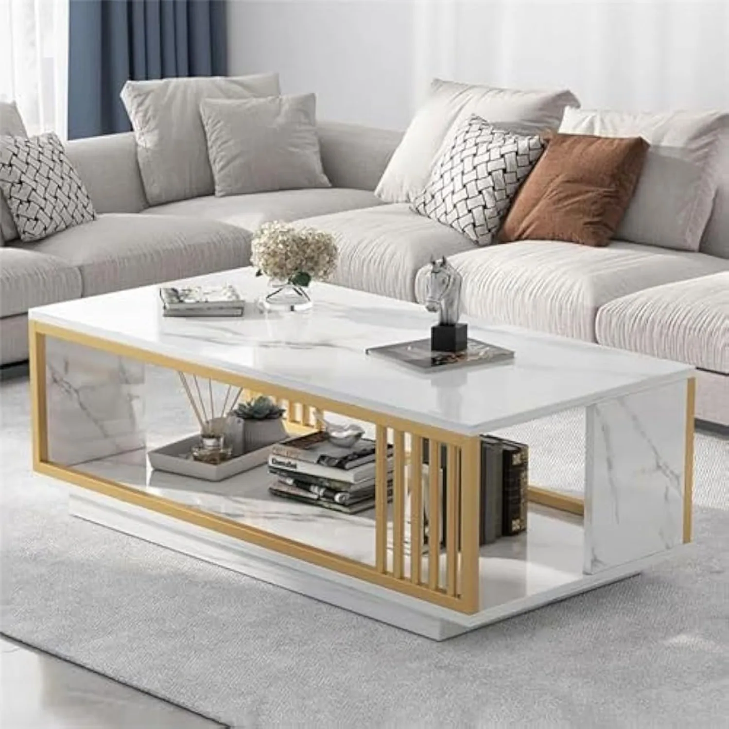 Modern White Marble Veneer Coffee Table, 2 Tier Rectangular Coffee Table with Gold Frame Sofa End Table for Living Room Bedroom 1