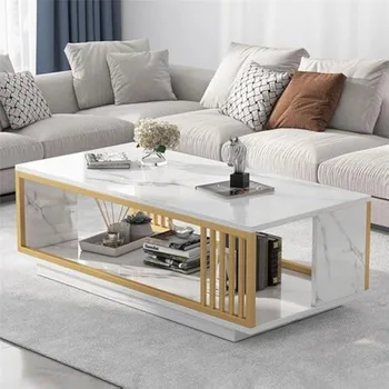 Modern White Marble Veneer Coffee Table, 2 Tier Rectangular Coffee Table with Gold Frame Sofa End Table for Living Room Bedroom 1