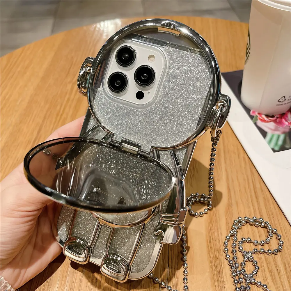 Astronaut Mirror Makeup Clear Crossbody Phone Case with Glitter Shockproof Cover
