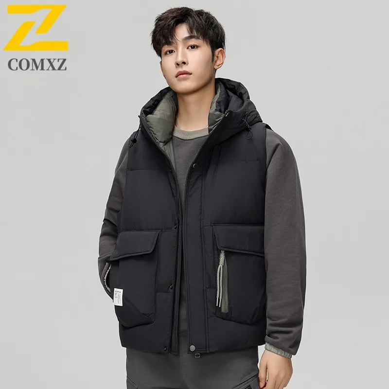 Winter Men's Down Sports Vest Hooded Workwear  Waterproof Windproof Fashion Solid Color Jacket for Hiking Camping Fishing  2025